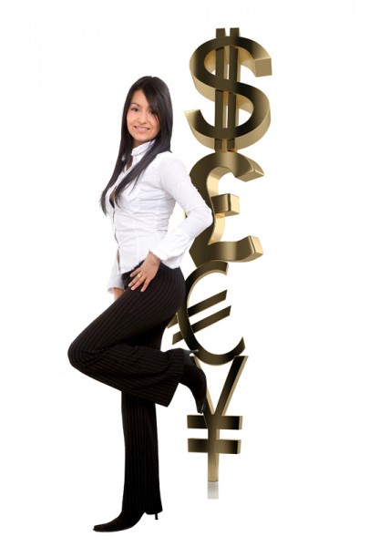 Business woman leaning on currency symbols